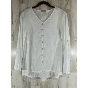 Terzo Mellennio Top Medium White Linen High Low Hem Button Accents Made in Italy